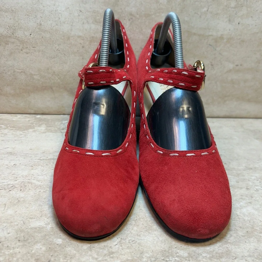 Franco Sarto Red Suede Mary Jane Wedge Pumps Whipstitch 10M L-SIRUP